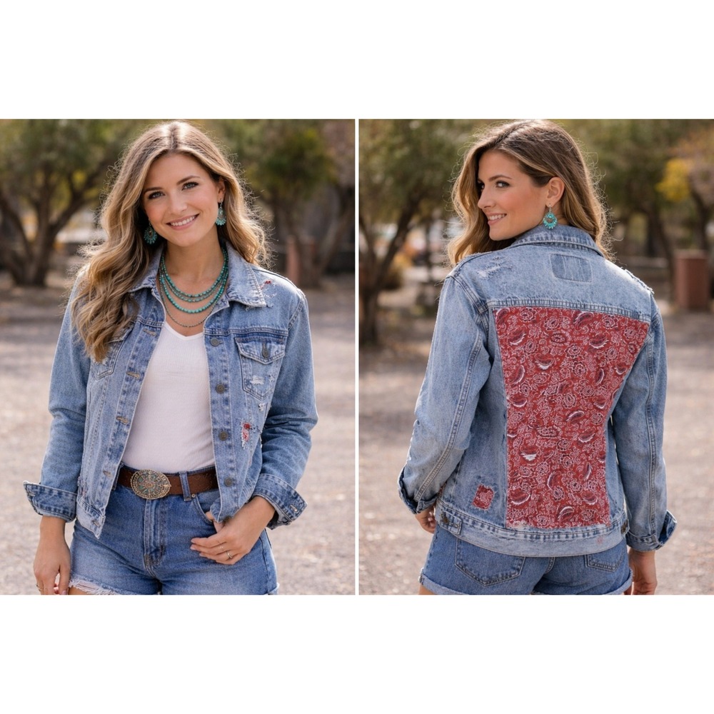 Rue 21 Denim‎ Jacket Western Embellished Retro Rodeo Red Bandana Small upcycled